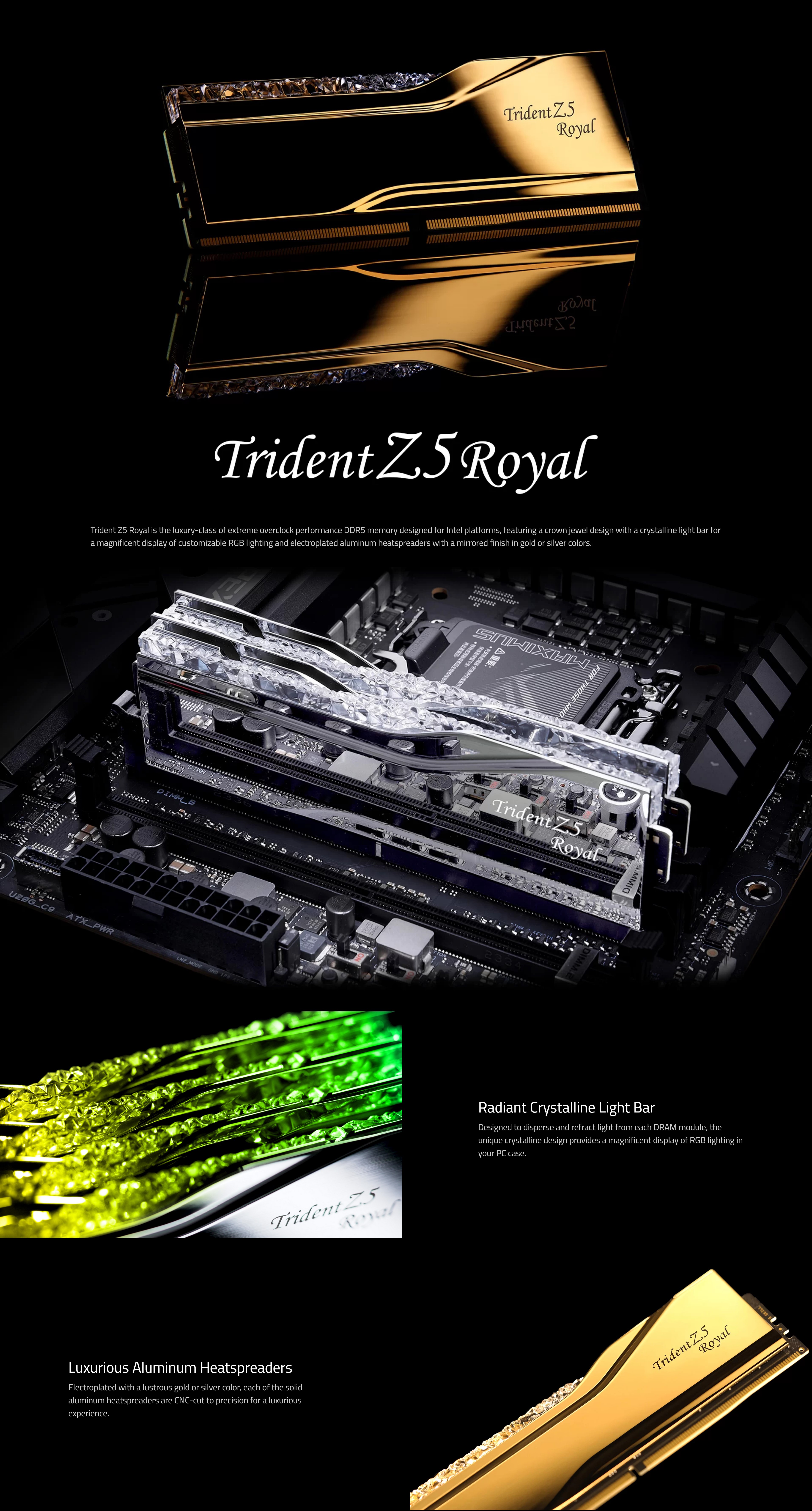 A large marketing image providing additional information about the product G.Skill Trident Z5 Royal RGB 32GB Kit (2x16GB) DDR5 C34 7200MHz - Silver - Additional alt info not provided